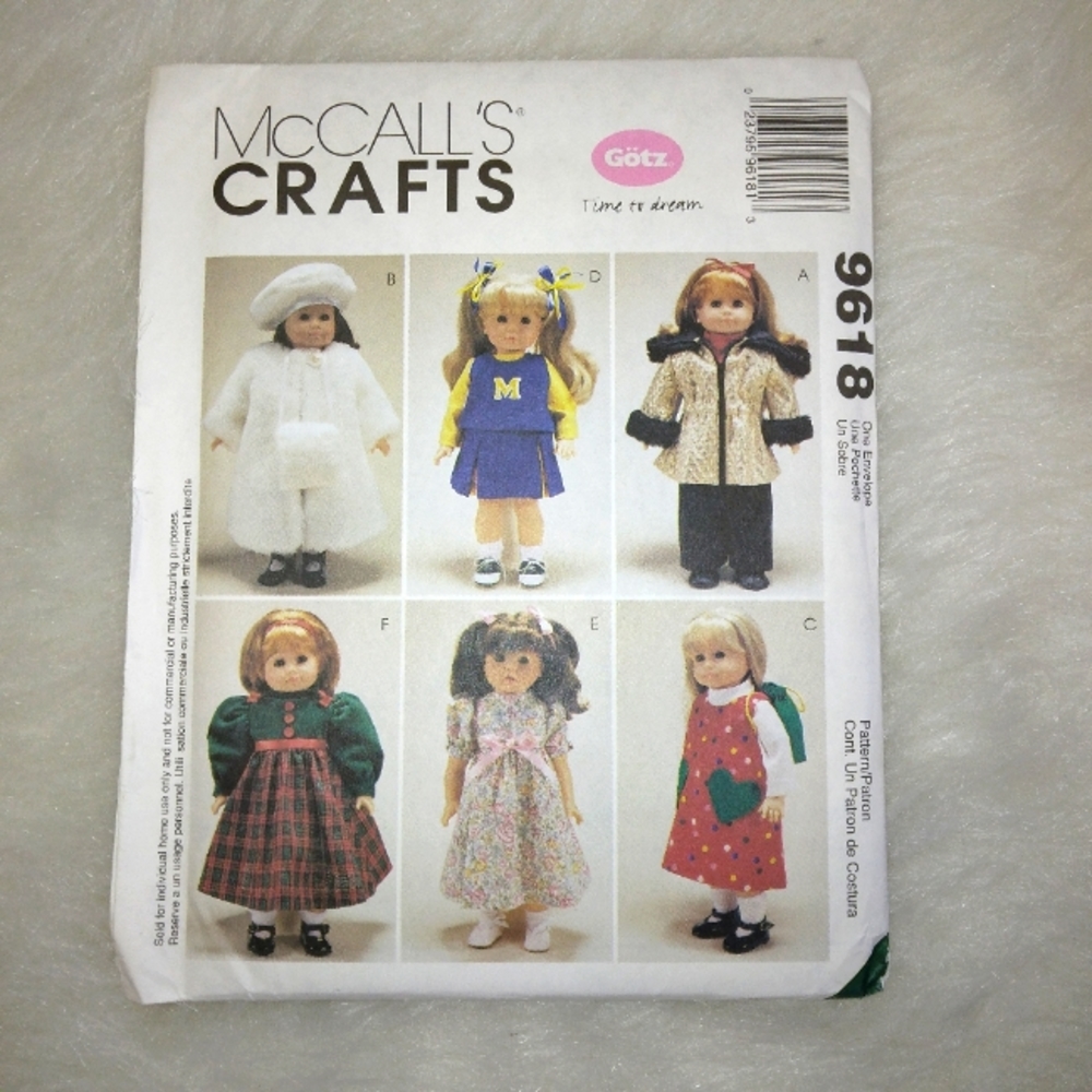 MCCALL'S 9618 Wardrobe 18 inch doll, Gotz doll, American Girl Doll